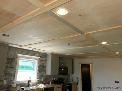 Plywood Coffered Ceiling, Indoor Ceiling Ideas, Tiny Home Ceiling Ideas, Budget Basement Finishing, Tiny House Ceiling Ideas, Plywood Porch Ceiling, Popcorn Ceiling Makeover Cheap, Cheap Wood Ceiling Ideas, Ceiling Ideas Basement