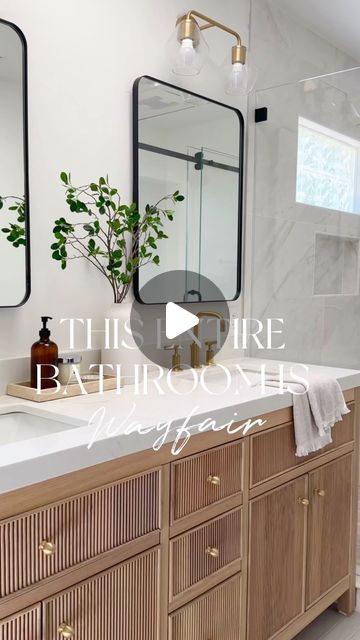 Lisa Kanegae on Instagram: "💫 Comment A2 and I’ll send the links for this video to your DM. Must be following me or the automation gets blocked.  Can you believe this entire bathroom is from Wayfair?! We mixed high and low in this bathroom and the end result is so beautiful! Love the reeded detail on the vanity, which is ultimately the star in this bathroom. Almost everything is on sale in this bathroom. Loving this calm and serene vibe.  #BathroomDesign #BougieOnABudget #BathroomRemodel #BathDecor" Fluted Vanity Bathroom, Bathroom With Mixed Metal Finishes, Mixed Metals Bathroom, Double Vanity Bathroom Ideas, Mixing Metals In Bathroom, Vanity Styling, Bathroom Styling Ideas, Wayfair Bathroom, Metal Bathroom