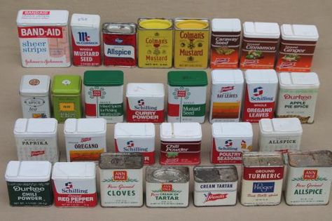 lot of collectible vintage spice tins & tea tin collection w/ old advertising Vintage Spice Tins, Tin Collection, Old Advertising, Oregano Leaves, Spice Tins, Tea Tins, Pantry Storage, Mustard Seed, Kitchen Cabinet