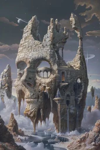 ↑↑↑ Larger size on website 🔸 A large, weathered rock formation resembling a face with a crumbling castle built into it. The castl 🔸 From Midjourney AI Image Crumbling Castle, Weather Rock, Ethereal Light, Magic Castle, Rock Face, Rock Formations, The Castle, A Face, Castle