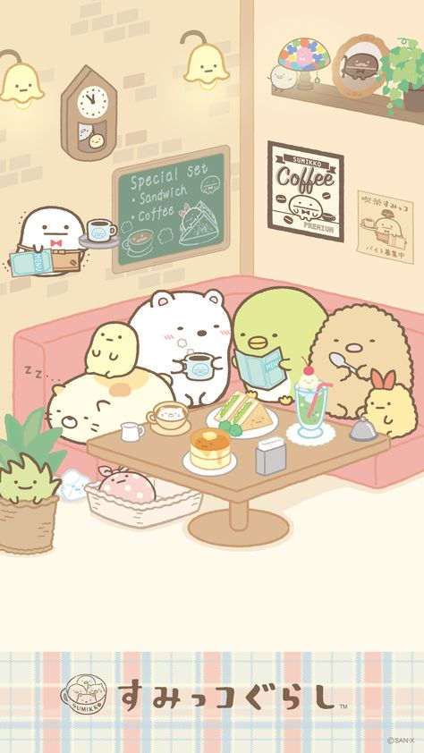 Sumikko Gurashi / Cafe (click thru for high res) Art Mignon, Kawaii Illustration, Sumikko Gurashi, Super Kawaii, Cute Kawaii Drawings, Kawaii Doodles, Kawaii Animals, Oui Oui, Kawaii Wallpaper