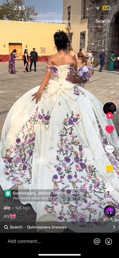 White Quince Dress With Flowers, White Quince Dress, Mariachi Quinceanera Dress, Quinceanera Songs, White Quince Dresses, Vestido Charro, White Quince, Mexican Quinceanera, Purple Quince