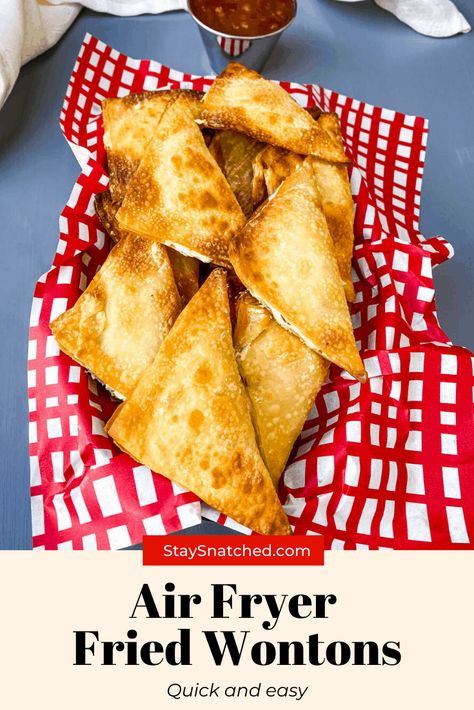 Easy Air Fryer Wontons is a quick homemade recipe loaded with cream cheese, chives, and green onions. This dish only requires 4 ingredients. You can enjoy this crispy, fried appetizer either savory or sweet by adding crushed pineapples! Air Fryer Wontons, Fried Recipes, Air Fryer Recipes Snacks, Cheese Wontons, Cream Cheese Wontons, Fried Wontons, Wonton Recipes, Air Fried Food, Pampered Chef Recipes