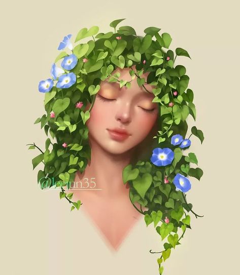 Plants Coming Out Of Head Drawing, Leaf Hair Drawing, Plant Hair Art, Plant Hair Drawing, Flower Hair Painting, Flower Hair Drawing, Flowers In Hair Drawing, Flower Hair Art, Green Hair Character