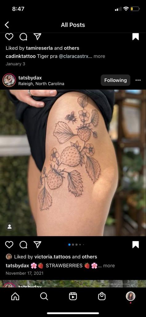 Black and Grey Thigh tattoo with strawberries flowers and bees Flower Bee Tattoo, Lower Hip Tattoos, Bee And Flower Tattoo, Upper Thigh Tattoos, Strawberry Tattoo, Fruit Tattoo, Hip Tattoos Women, Elbow Tattoos, Bicep Tattoo