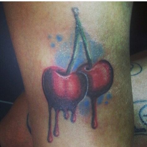 Dripping cherries Fruit Tattoo, Cherry Tattoos, X Tattoo, Cool Tattoos For Guys, World Tattoo, English Tattoo, Female Tattoo, Tattoo Life, Foot Tattoo