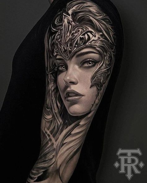 Viking Female Warrior Tattoo Sleeve, Goddess Eir Tattoo, Female Gladiator Tattoo, Valkyrie Art Drawings, Freya Goddess Tattoo Design, Women Warrior Tattoo, Norse Goddess Tattoo, Viking Valkyrie Tattoo Design, Valkyrie Tattoo Design