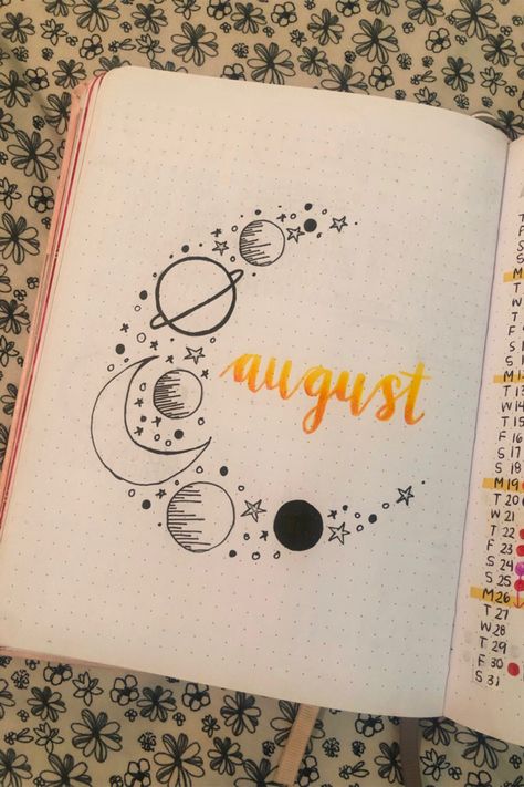 Simple black planet themed bullet journal cover for august with gradient yellow to orange cursive Eclipse Bullet Journal, August Bullet Journal Cover Ideas, Bullet Journal August Theme, August Journal Ideas, Journal Titles, August Journal, August Bullet Journal Cover, Calender Ideas, August Bullet Journal