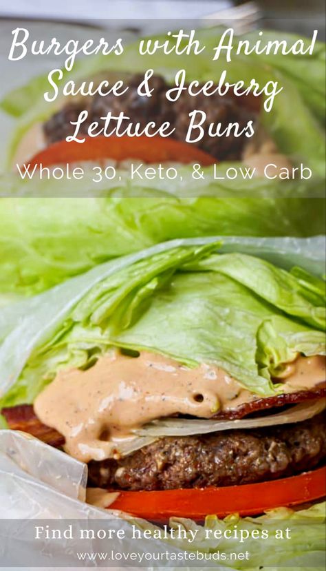 Stacked burgers, full of flavor and crunch! Whole 30, Keto, and Low Carb! Change out the bloaty hamburger buns for crisp and cool iceberg lettuce! Up your sauce game with this easy Animal Sauce, so good you'll dip your fries and everything else in it. #healthyrecipe #whole30recipes #whole30 #burger #lettucewrap #ketorecipes #easydinner #mealprepideas #mealpreprecipe Keto Burger Recipes Lettuce Wraps, Keto In And Out Burger, Whole 30 Hamburger, Lettuce Burger, Whole 30 Hamburger Recipes, Hamburger Lettuce Wraps, Lettuce Burgers, Hamburger Sauce, Lettuce Wrapped Burger