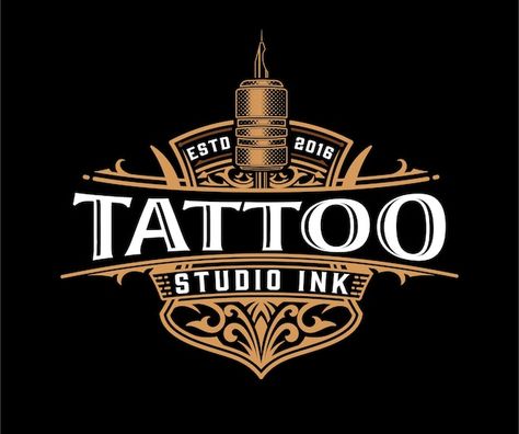 Modelo de logotipo vintage com elementos... | Premium Vector #Freepik #vector #tatuagem #tatuagem-maquina #tatuador #estudio-tatuagem Tattoo Studio Logo, Cross With Wings Tattoo, Tattoo Banner, Vintage Typography Design, Embroidered Canvas Art, Safari Pattern, Vintage Frames Vector, Tattoo Background, Hand Lettering Alphabet