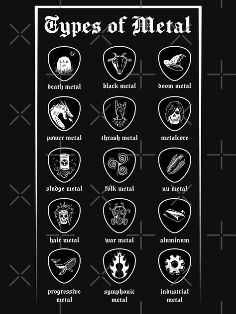 picks, guitar, calligraphy, black and white, bar, trees Different Types Of Metal Music, Types Of Metalheads, Folk Metal Aesthetic, Types Of Rock Music, Metal Band Tattoos Ideas, Types Of Metal Music, Heavy Metal Aesthetic Wallpaper, Metal Playlist Names, Metalhead Tattoo Ideas