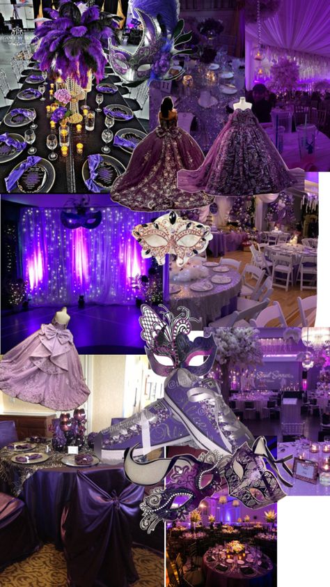 Purple Masquerade Party Decorations, Quince Masquerade Theme, Dark Purple Quinceanera Theme, Masquerade Quinceanera Ideas, Masquerade Centerpiece, Masquerade Quince, Masquerade Ball Aesthetic, Purple Quinceanera Theme, Masquerade Centerpieces