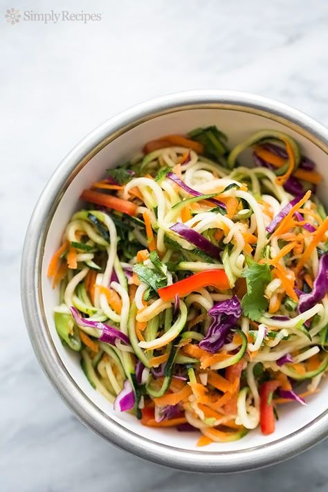 Asian Zucchini Noodle Salad ~ Zucchini noodles with cabbage, carrots, red bell pepper, green onions, tossed with a sesame rice vinegar dressing. Light, fresh, and easy! ~ SimplyRecipes.com Noodles With Cabbage, Metabolic Workout, Tortellini Pesto, Zucchini Noodle Salad, Asian Pasta Salads, Salad Caprese, Zucchini Noodles Salad, Asian Pasta, Courgette Pasta