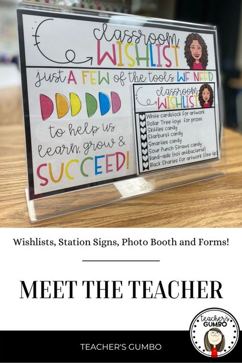 Get your classroom "Meet the Teacher" ready with this editable bundle of forms, station signs, photo booth and classroom wishlist. #classroomsetup #meettheteacher #classroomforms #backtoschool Meet The Teacher Stations, Teacher Wishlist, Dollar Tree Toys, Sour Punch Straws, Teacher Wish List, Starburst Candy, Classroom Wishlist, Classroom Meetings, School Forms