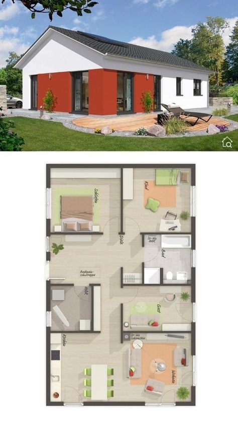 Small House Design Floor Plan, European Architecture Design, Drawing Rendering, 2 Bedroom Bungalow, Modern Bungalow House Plans, Small Bungalow, Small Floor Plans, Modern Small House Design, Modern Bungalow House