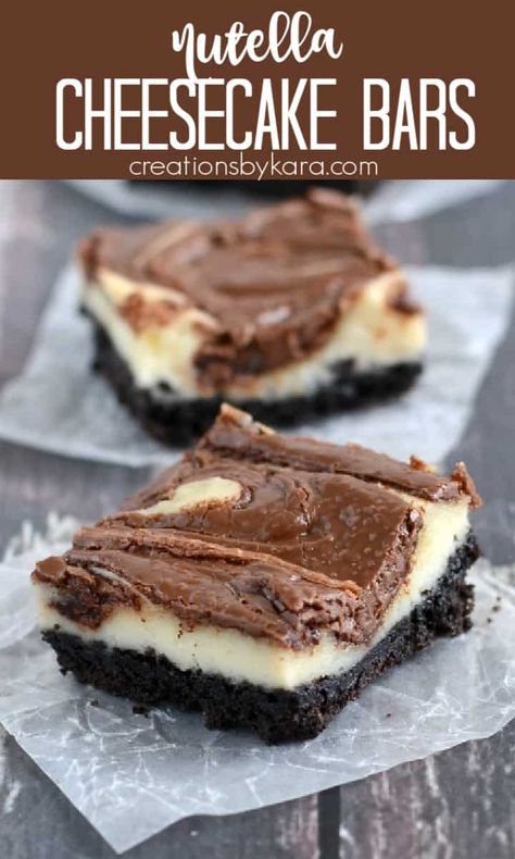 These Nutella Cheesecake Bars are absolutely scrumptious! They are easy to make, and sure to be a new favorite recipe! #nutellabars #nutellacheesecakebars #cheesecakebars #creationsbykara Nutella Cheesecake Bars, Brownie Desserts Recipes, Favorite Holiday Desserts, Nutella Cheesecake, Cheesecake Bar Recipes, Homemade Donuts, Bar Recipes, Cocktail Desserts, Magic Recipe