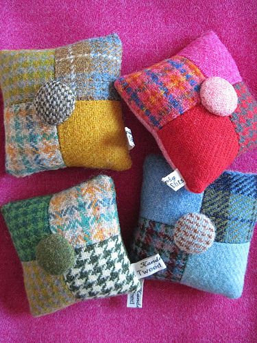 Harris Tweed patchwork pincushions by Tweed Delights, find a big button for middle Tweed Crafts, Cushion Ideas, Patchwork Cushion, Needle Books, Sewing Kits, Needle Cases, Lavender Bags, Wool Projects, Small Sewing Projects