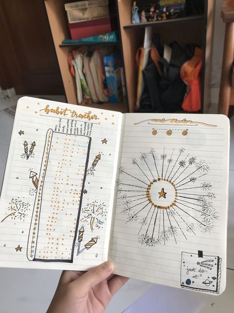 Fireworks Mood Tracker, Habit And Mood Tracker, 2024 Journaling, January Spread, January Habits, Manga Journal, Journal January, Bu Jo, January Bullet Journal