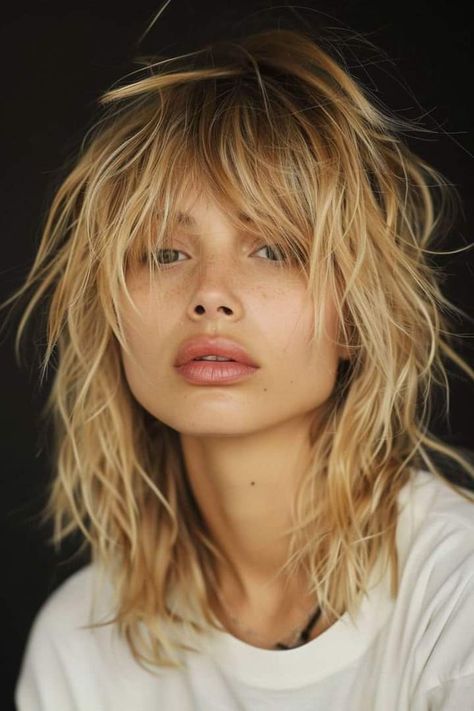 Long Blond Haircut, Honey Blonde Highlights Short Hair, Shag Blonde Hair, Honey Blonde Hair With Bangs, Edgy Blonde Hair Grunge, Honey Blonde Hair Short, Mullet Women Long, Edgy Blonde Hair, Shaggy Bangs