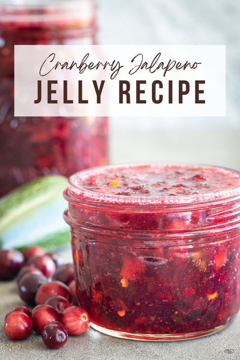 Jar of cranberry jalapeno jelly in a small mason jar. Chokecherry Jalapeno Jelly, Orange Jalapeno Jelly, Cranberry Jalapeno Chutney, Cranberry Grape Jelly, Crabapple Jalapeno Jelly Recipe, Cranberry Jalapeño Jelly, Jalopena Jelly Recipe, Cranberry Jalapeño Relish, Jalapeno Cranberry Jelly