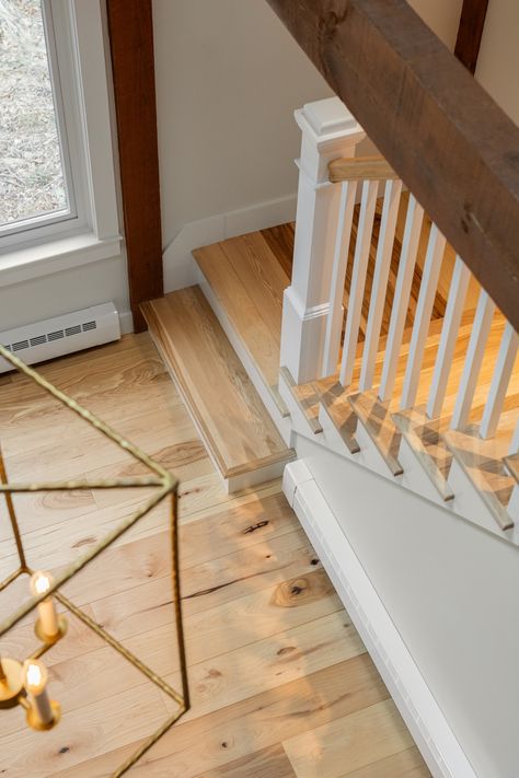 The stunning color variation of our Hickory Pecan flooring with color-coordinated stair treads will bring any living space to life! Light Hickory Floors, Natural Hickory Floors, Pecan Flooring, Entrance Organization, Hickory Floors, Hickory Wood Floors, Hickory Flooring, Big Room, Hickory Wood