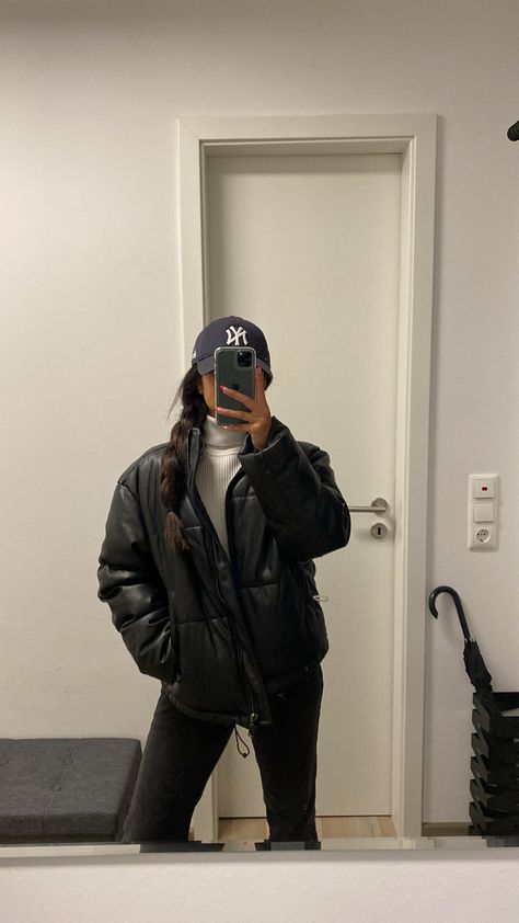 #outfit #casual #nyc #ootd #pufferjacket Black Leather Puffer Outfit, Leather Puff Jacket Outfit, Black Puffy Coat Outfit, Faux Leather Puffer Jacket Outfit, Black Leather Puffer Jacket Outfit, Leather Puffer Jacket Outfit, Puffy Coat Outfit, Campfire Outfits, Puff Jacket Outfit