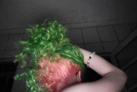 Green And Pink Hair Aesthetic, Half Color Hair Ideas, Pink And Green Hair Black Women, Green And Pink Hair Color, Mitsuri Kanroji Hair, Mitsuri Hair Dye, Pink And Green Braids, Curly Green Hair, Mitsuri Hair