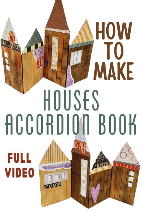 How to make a houses accordion book. Learn this special technique of creating an accordion mini book in the shape of double sided houses and learn how to make different wooden textures for each house House Shaped Book, Accordion Book Diy, Accordion Mini Album Tutorial, Diy Books For Kids, How To Make Paper Book, How To Make A Book, Diy Paper Book, Cardboard Books, Accordion Books