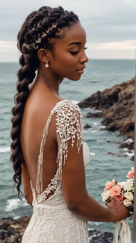 Explore the best beach wedding hairstyles for all hair lengths. Discover elegant updos, sleek ponytails, and stunning braids perfect for brides, bridesmaids, and guests. Enhance your seaside wedding look with our expert tips and recommended products Beach Wedding Hairstyles For Black Women, Tropical Wedding Hairstyles For Long Hair, Braided Beach Wedding Hairstyles, Boho Wedding Hairstyles Black Hair, Beach Wedding Braid Hairstyles, Wedding Hair Beach, Beach Wedding Hairstyles, Destination Wedding Hair, Elegant Updos