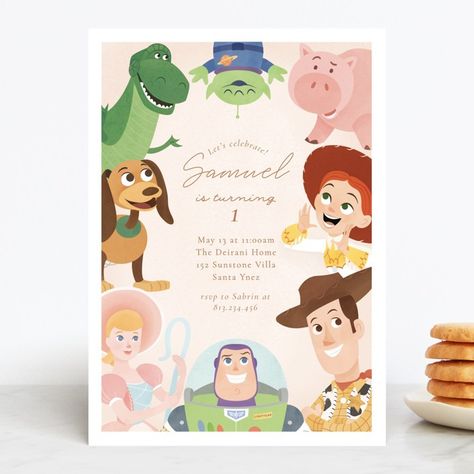 Disney's and Pixar Toy Story Friends Children's Birthday Party Invitations by Sabrin Deirani | Minted Hot Chocolate Party Invitations, Woody Birthday, Toy Story Invitations, Toy Story Party Decorations, Toy Story Baby, Boys 1st Birthday Party Ideas, Toy Story Theme, Toy Story Birthday Party, Party Favors For Kids Birthday