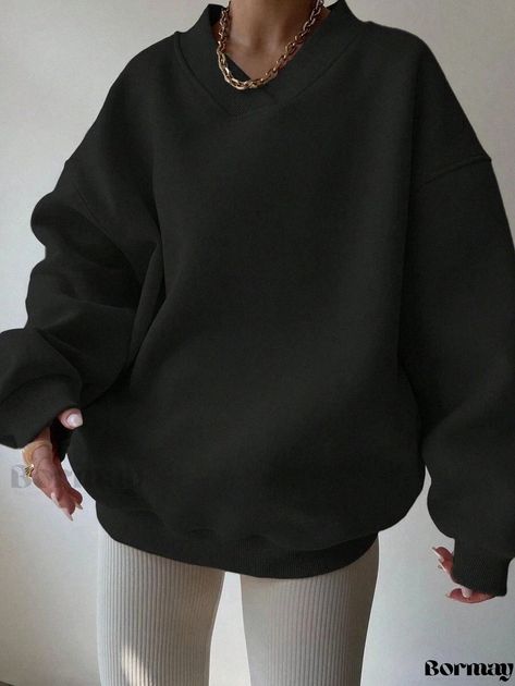 New Fall Collection Women's Solid Color Long Sleeve Round Neck Pullover Sweatshirt - Oversized & Relaxed Fit Color Sweatshirt, Long Sweatshirt, Solid Color, Crew Neck, Sweatshirts, Long Sleeve, Clothes, Black, Color