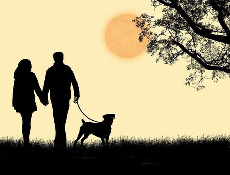 Man Walking Dog Painting, Couple With Dog Painting, Couple And Dog Painting, Couple With Dog Illustration, Couple With Dog Drawing, Man And Dog Silhouette, Sunset Vector Illustration, Sunset Vector, Man And Woman Silhouette