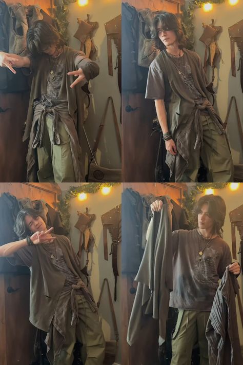 Scavenger Aesthetic Outfit, Fairy Fashion Men, Taverncore Outfit, Male Hiking Outfit, Forager Aesthetic Outfits, Forest Core Outfits Men, Archeologist Aesthetic Outfit, Cottage Core Men, Gremlincore Fashion