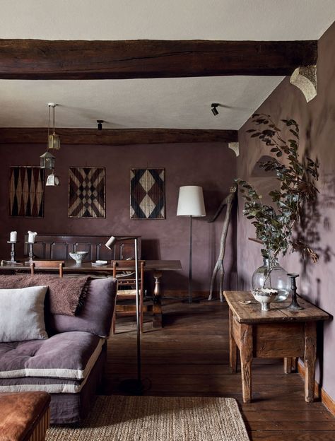 A magical house on Dartmoor given fresh life and warmth by Retrouvius | House & Garden Dark Purple Walls, Oak Banister, 17th Century House, Purple Paint Colors, Magical House, State Room, Flooring Trends, Interior Design Photos, Brick Flooring