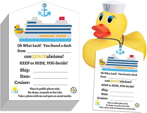 Amazon.com : Ducks Tags for Cruising 50 Packs. ConQuackulations 2x3.5 inches Duck Tags for Cruisers. Cruise Essentials by Crew Members (A) : Office Products Cruise Rubber Ducks, Disney Cruise Duck Tag, Cruise Ducks Diy, Hiding Ducks On Cruise Ships, Cruise Rubber Ducks Tags, Free Printable Cruising Duck Tags, Cruise Duck Tags Printable Free, Duck Cruise Tags, Cruise Ducks Ideas