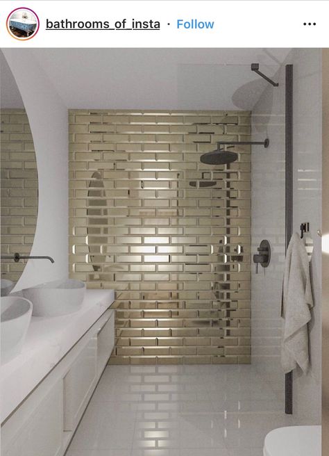 Gold tile- glam gold backsplash Gold Tiles Bathroom, Latest Bathroom Tiles Design, Gold Tiles, Glamorous Bathroom Decor, Gold Tile, White Bathroom Tiles, Bathroom Tile Designs, Shower Tile Designs, Gold Bathroom