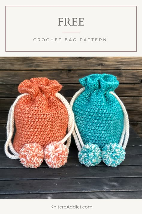 Crochet Drawstring Bag Pattern with Pom Poms - KnitcroAddict Crochet Drawstring Bag, Drawstring Bag Pattern, Crochet Drawstring, Crochet Coin Purse, Small Drawstring Bag, Crocheted Bags, Free Crochet Bag, Crochet Bag Pattern Free, Bag Pattern Free