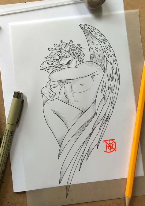 Lucifer Tattoo Ideas, Lucifer Drawing, Fallen Angel Tattoo, Atlas Tattoo, Realistic Tattoo Sleeve, Clover Tattoos, Angel Tattoo Designs, Religious Tattoos, Spooky Tattoos