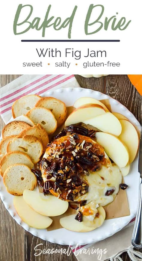 Baked Brie with Fig Jam is an easy crowd-pleasing appetizer with only 4 simple ingredients and 10 minutes of baking time. You will love the creamy combination of warm brie, sweet jam, and crunchy pecans. Gluten Free Baked Brie, Glutenfree Appetizer, Baked Brie With Fig Jam, Brie With Fig Jam, Foods For Summer, Baked Brie With Jam, Salty Crackers, Squash Soups, Easy Appetizers Recipes