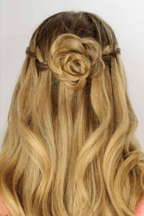 half of hair in a flower type of shape and rest of hair out. if you have long hair than you should try this hair style Wedding Hair Roses, Flower Bun Hairstyle, Half Up Half Down Hoco Hair, Rose Braid, Braid Half Up Half Down, Flower Bun, Flower Braids, Braided Half Up, Braided Bun Hairstyles