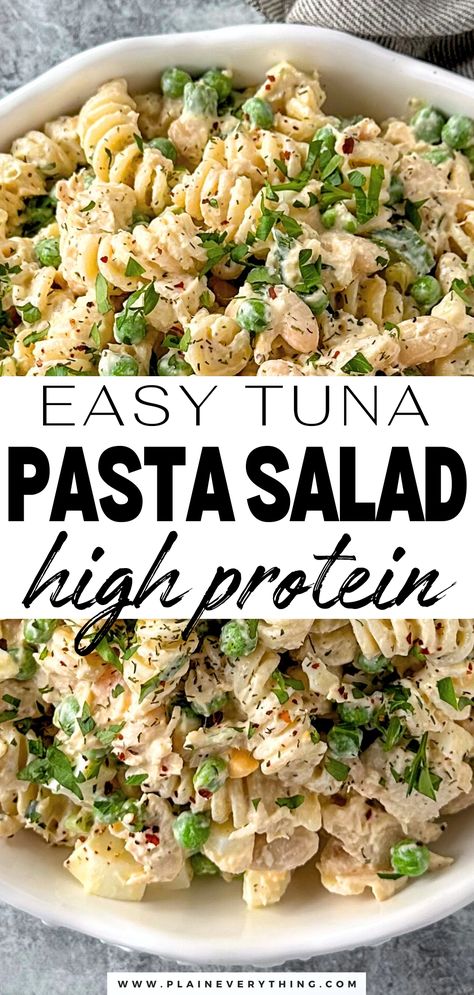 Easy Tuna Pasta Salad Recipe High Protein Easy Tuna Pasta Salad, Easy Tuna Pasta, Tuna Pasta Salad Recipes, Tuna Pasta Salad, High Protein Dinner, Tuna Salad Pasta, Protein Dinner, High Protein Meal Prep, Healthy High Protein Meals