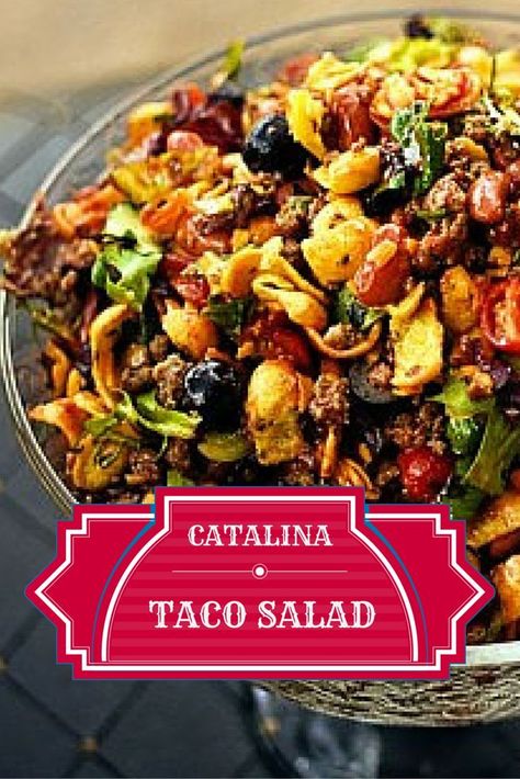 The BEST taco salad! Ground beef, sharp cheddar, red kidney beans, Fritos, Catalina dressing and more! Taco Salad Ground Beef, Catalina Taco Salad, Fritos Recipe, Taco Salad With Catalina Dressing, Best Taco Salad, Catalina Dressing, Salad Cucumber, Red Kidney Beans, Taco Salads