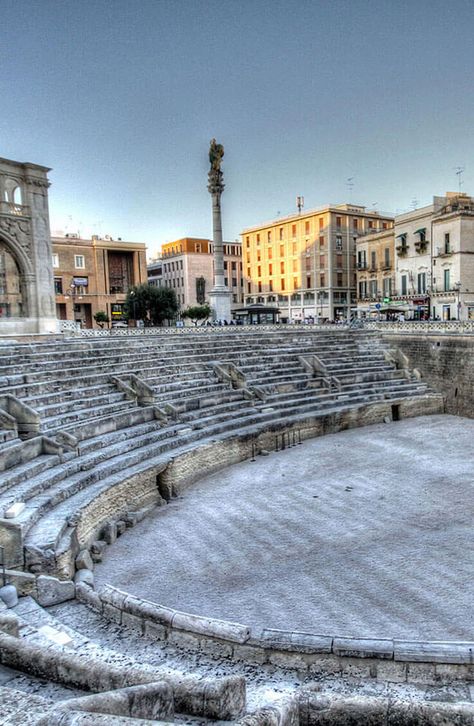 The Roman amphitheatre of Leccr Roman Amphitheatre, Rome Trip, Lecce Italy, Baroque Architecture, Rome Travel, Holiday Vacation, Gorgeous View, Ancient Cultures, Roman Empire