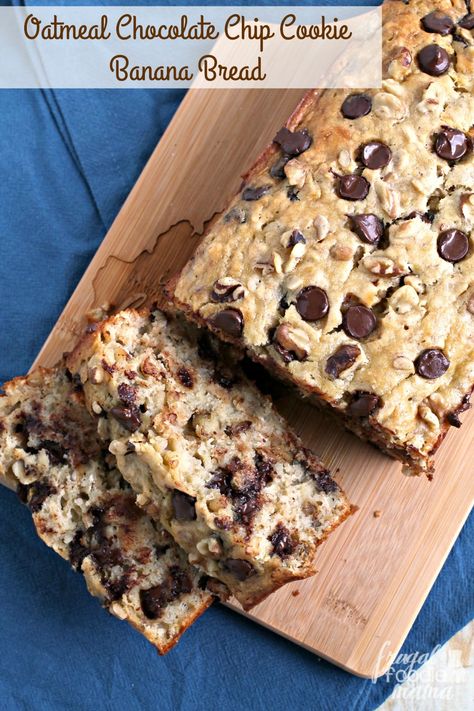 This family pleasing Oatmeal Chocolate Chip Cookie Banana Bread is chock full of hearty oats, gooey chocolate chips, & crunchy walnuts. Banana Oat Chocolate Chip Bread, Banana Oatmeal Loaf, Muffin Banana, Oatmeal Chocolate Chip Cookie, Dessert Breads, Gf Flour, Bread Easy, Oatmeal Chocolate Chip, Baking Cakes