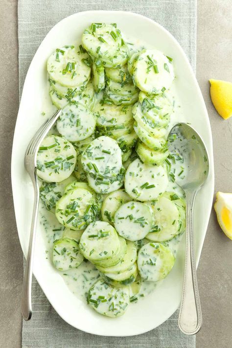 This fresh and flavorful French cucumber yogurt salad makes a great addition to any meal on a hot day thanks to its cooling crunch. Cucumber Yogurt Salad, Mediterranean Salad Recipe, Yogurt Salad, Cucumber Varieties, Cucumber Yogurt, Fresh Summer Salad, Creamy Cucumber Salad, Creamy Cucumbers, Greek Salad Recipes