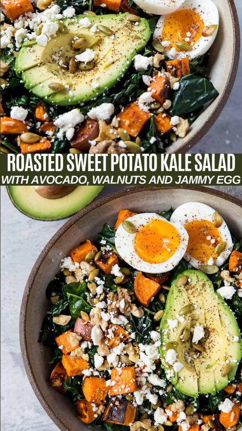 Roasted Sweet Potato Kale Salad with Avocado and Jammy Egg - The Roasted Root Sweet Potato Kale Salad, Potato Kale Salad, Roasted Avocado, Egg Salad Recipe Healthy, Salad Kale, Sweet Potato Kale, Pumpkin Seed Recipes, Salad With Avocado, Vegetarian Salad Recipes