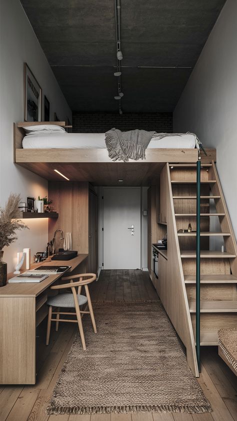 23 Best Studio Apartment Layout Ideas: Cozy, Minimalist, and Modern Designs for Small Spaces Loft Apartment Tiny, Interior Condo Design Small Spaces, Small Room High Ceiling Bedroom, High Bed Desk Under, Loft Bed Over Couch, Loft Bed Apartment Studios, Narrow Apartment Layout, Loft Type Bedroom Small Spaces, Narrow Room Design