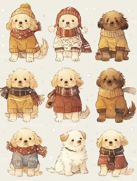 Animal In Clothes Drawing, Dog Illustration Christmas, Winter Dog Illustration, Christmas Dog Drawing, Calico Critters Families, 강아지 그림, Cute Animal Drawings Kawaii, Baby Clip Art, Arte Sketchbook