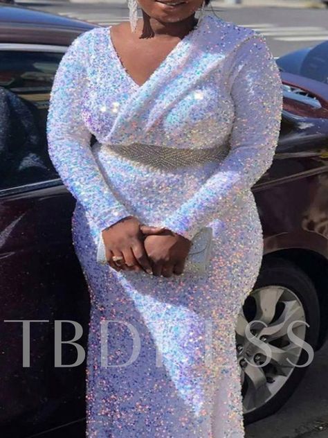 Plus Size V-Neck Ankle-Length Sequins Long Sleeve Plain Women's Dress Evening Dress Plus Size, Sequin Long Dress, Dinner Gown, Solid Color Outfits, Straight Clothes, Dress Sleeve Length, Evening Dresses With Sleeves, Fall Winter Dresses, Evening Dresses Plus Size