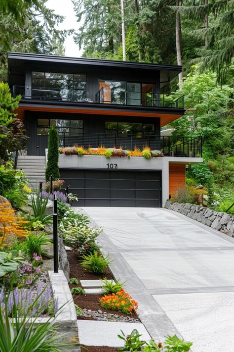 Explore creative slope driveway ideas to enhance your home's curb appeal while ensuring safety and functionality. Perfect for hillside properties! Slope Driveway, Modern Driveway, Driveway Ideas, Porch Windows, Balcony Bar, Backyard Balcony, Driveway Design, Backyard Pool Landscaping, Modern Cabin